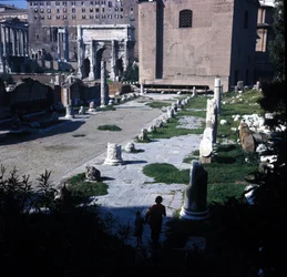 Location of the Basilica Aemilia in the Roman Forum built for the first time in 179 BC and restored many times thanks to the Emilia family. Rome