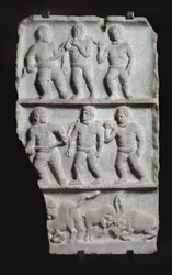 Marble relief with 3 registers: slaves in chains and animals