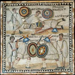 Mosaic Depicting the Fight Between Two Equites Named Simmachius and Maternus, Roman, 3rd Century AD