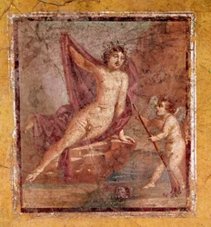 Narcissus and Eros, Roman fresco of the 3rd Pompeian style from Pompeii, Italy, 1st century AD