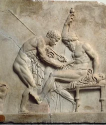 Neo-Attic art: relief depicting Telephus being treated by a surgeon. 1st century BC. From Herculaneum. Naples, National Archaeological Museum