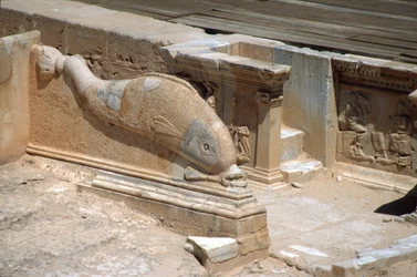 Relief Carving of a Dolphin in Front of the Stage of the Roman Theatre
