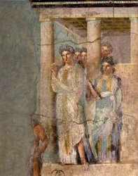 Roman art: "Iphigenia in Tauris". Fresco attributed to the Master of Lucrezio Frontone. 1st century. From Pompeii. Dimensions: 118 x 81 cm. Naples, Museo Archeologico Nazionale.
