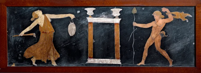 Roman art: "The dance of a maenad and a satyr near a small temple." Marquetry from Pompeii. Dimensions: 23 x 67 cm. Museo Archeologico Nazionale, Naples