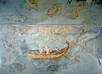 Roman art: "Fishermen on a boat". Fresco from a house located near a river port of Rome. 131 AD. Rome, Museo Nazionale Romano (or delle Terme)