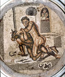 Roman art: “Theseus fighting the Minotaur”. Mosaic from the site of Pompeii. 1st to 3rd century AD. Naples, Museo Archeologico Nazionale