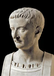 Roman art: marble bust of Tiberius (Tiberius Claudius Nero, 42 BC-37 AD), Roman emperor. From Herculaneum. 1st century AD. Naples, Museo Archeologico Nazionale