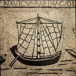 Roman art: cargo ship. Mosaic of the 3rd century AD. Ostia, Piazzale delle Corporazioni. Italy