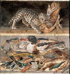 Roman art: cat eating a partridge, and wild ducks, first half of the 1st century BC, Rome, Museo Nazionale Romano