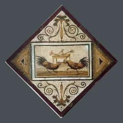 Roman art: cockfighting. Mosaic from Pompeii. 4th style. National Archaeological Museum, Naples