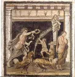 Roman art: cockfighting in a palestra in the presence of the personifications of Defeat and Victory. Mosaic from Villa du Labyrinth in Pompei