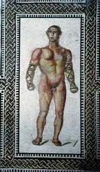 Roman Art: Gladiator. Floor Mosaic from the Baths of Caracalla. 212 AD. Rome, Museo Nazionale Romano