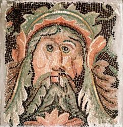 Roman art: mosaic depicting the head of a marine deity. 3rd century AD. Rome, Museo Nazionale Romano