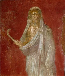 Roman art: depiction of Cronus (Saturn). Detail. Fresco from the Casa dei Dioscuri in Pompeii. Dimensions: 68 x 41 cm. Museo Archeologico Nazionale, Naples