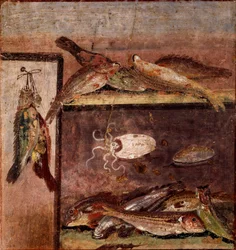 Roman art: “Still life with fish”. Fresco from Pompeii. 1st century AD. Naples, Museo Archeologico Nazionale