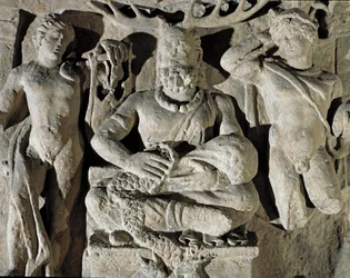 Roman art: the Gallic god of Celtic origin Cernunnos (or Kernunnos), represented between Apollo and Mercury. From Reims. 1st century AD. Rome, Museo della Civiltà Romana