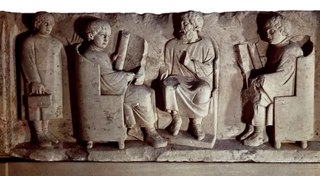 Roman civilization. Relief depicting a school scene. Trier, formerly known in English as Treves, is a city in Germany on the banks of the Moselle, conquered by the Romans in the late 1st century BC and renamed Trevorum