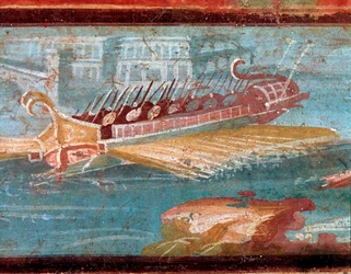 Roman warships at the entrance of a port