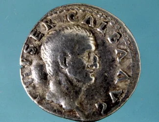 Silver coin with the effigy of the Roman Emperor Galba (5 BC - 69 AD). Collection of the medagliere of Milan.
