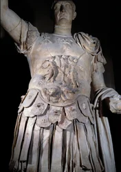 Statue of Roman Emperor Trajan (53-117 AD) standing, battleship. Detail of the armour representing Emperor Domitian (51-96). Around 108 AD. Paris, Louvre Museum