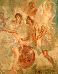 Ulysses and Diomedes recognizing Achilles disguised as the female Pyrrha among the Daughters of Lycomedes at Skyros, from Pompeii