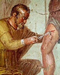 Wounded Aeneas is treated by Iapyx helped by Venus