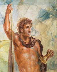Detail of a fresco depicting Alexander, from the Marriage of Alexander (Ares) and Stateira (Aphrodite), Regio 6 Insula Occidentalis 39, Pompeii (detail)