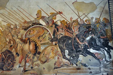 Detail of a mosaic of Pompei: Battle of Issos between Alexander and Darius (4th century BC). - King Darius III Codoman, desperate on his chariot - Archeological Museum of Naples, Italy