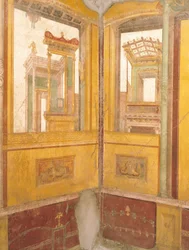 Detail (frescoed wall in faux architecture, House of Vettii, Pompeii, Campania, Roman Civilization)