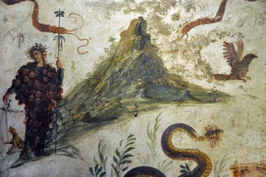 Dionysus clothed in clusters of grapes, standing in front of Mount Vesuvius - Fresco from Pompeii, Casa del Centenario (House of the Centenary) - Naples, National Archaeological Museum