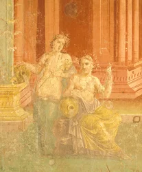 Fresco in Fourth Pompeiian Style on red background, House of Pinario Ceriale, Pompeii, Campania, Roman Civilization