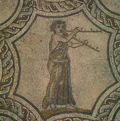 Mosaic depicting female flautist from House of Dionysus, in Volubilis, Morocco, Roman Civilization