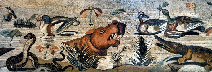 Mosaic frieze from Pompeii (House of the Faun, Casa del Fauno - Nilotic scene - animal life on the Nile: hippopotamus, crocodile, snake, ducks - Roman art - National Archaeological Museum of Naples, Italy - Museo Archeologico Nazionale, Napoli, Italia