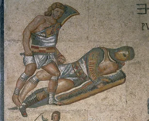 Mosaic with a scene of fighting gladiators (detail)