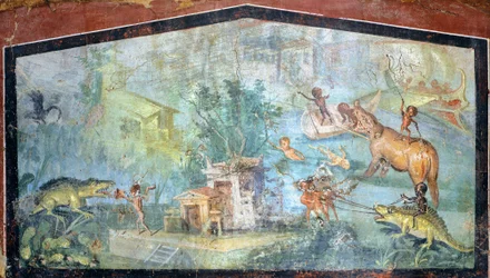 Painting on Plaster Depicting a Nilotic Scene with Pygmies Attacking Crocodiles and Hippopotamuses, from Pompeii