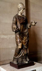 Roman antiquity: statue of Minerva, draped and covered with the aegis, holding an owl in her hand. Sculpture in alabaster and marble. She is identified with the Greek goddess Athena. Height 1.33 m. Paris, Louvre Museum