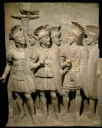 Roman art: marble relief depicting the Praetorian Guard, legionnaires and elite soldiers, dimensions 1.62 x 1.26 m - Paris, Musée du Louvre - The Praetorian Guard, legionnaires and elite soldiers - Marble relief