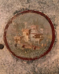 Round with Houses and Buildings, detail of fresco from House of Centenary, Pompeii, Campania, Roman Civilization (detail)