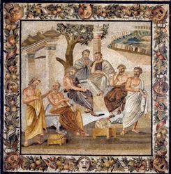 The Academy of Plato: the philosopher sitting in the centre teaches a group of disciples of the Academy of Athens (founded by him in 378 BC) - Mosaic found in Boscotrecase, now exhibited at the National Museum, Naples. - Plato