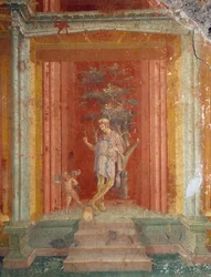 Theatre Scene, Fresco on Red Background from House of Pinarius Cerialis, Pompeii