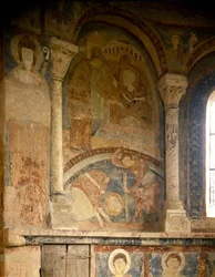Romanesque Art: Painting depicting the martyr of Saint Laurent. Fresco. Chapel of the Chateau des Moines, Berze la Ville, France