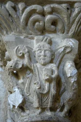 Romanesque art: detail of a capital of the church of Saint Blaise, Lacommande (Atlantic Pyrenees)