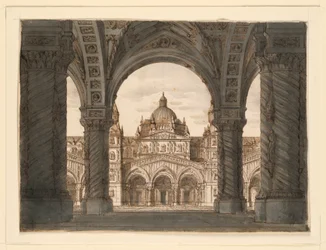 Stage Design, Church Facade from a Loggia, I due Valdomiri by Felice Romani, music by Pietro de Winter. Performed at La Scala, Milan, 1818
