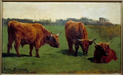 Three Studies of a Red Beef in a Meadow. Painting by Rosa Bonheur