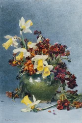 Daffodils and Wallflowers in a Green Vase