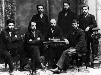 Lenin with a group of members of the St Petersburg League of Struggle for the Emancipation of the Working Class, St Petersburg, February 1897 (b/w photo)