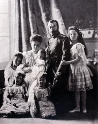 The family of Tsar Nicholas II (1868 - 1918). From left to right: Grand Duchess Tatiana born 11 June 1897; Grand Duchess Mary born 27 June 1899; Grand Duchess Alexis born 12 August 1904; Empress Alexandra Feodorovna; Tsar Nicholas II; Grand Duchess Olga