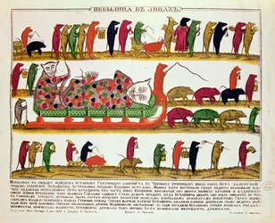 Burial of a cat by the mice, caricature of Tsar Peter the Great (1672-1725) 1850