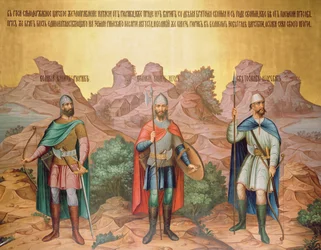 Grand Princes Rurik, Igor and Sviatoslav, mural by Palekh masters in the Faceted Chamber, 1882