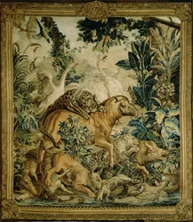 Tapestry depicting wild beasts fighting at a watering hole
